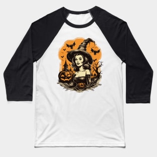 Retro Halloween Witch Girl with Pumpkins and Bats Baseball T-Shirt
